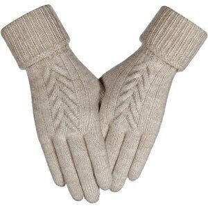 Women's Khaki Knit Lined Winter Warm Touch Screen Elastic Stylish Gloves